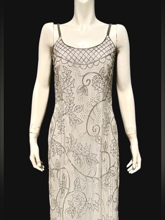 Cache Dresses & Skirts - Vintage CACHE BEADED DRESS 100% Silk Gray Metallic Silver Beading Beads LARGE L